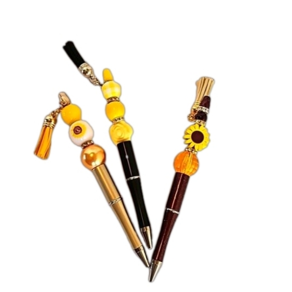 Hand Crafted Beaded Pens Set of 3 Fall Halloween Floral designs Ballpoint Black - Picture 1 of 17